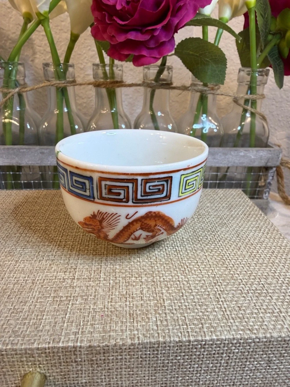 Vintage Chinese Porcelain 3 pc Teacup Set: Dragon & Phoenix, Crane and‎ Symbols